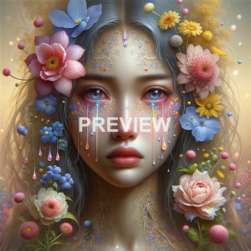 A highly detailed, fantasy-inspired portrait of a woman with luminous blue eyes, surrounded by an elaborate arrangement of colorful flowers and intricate decorative patterns on her face and forehead, with tears made of colorful drips blending into the floral elements.